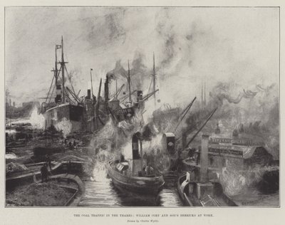 El tráfico de carbón en el Támesis, grúas de William Cory y Son en acción de Charles William Wyllie
